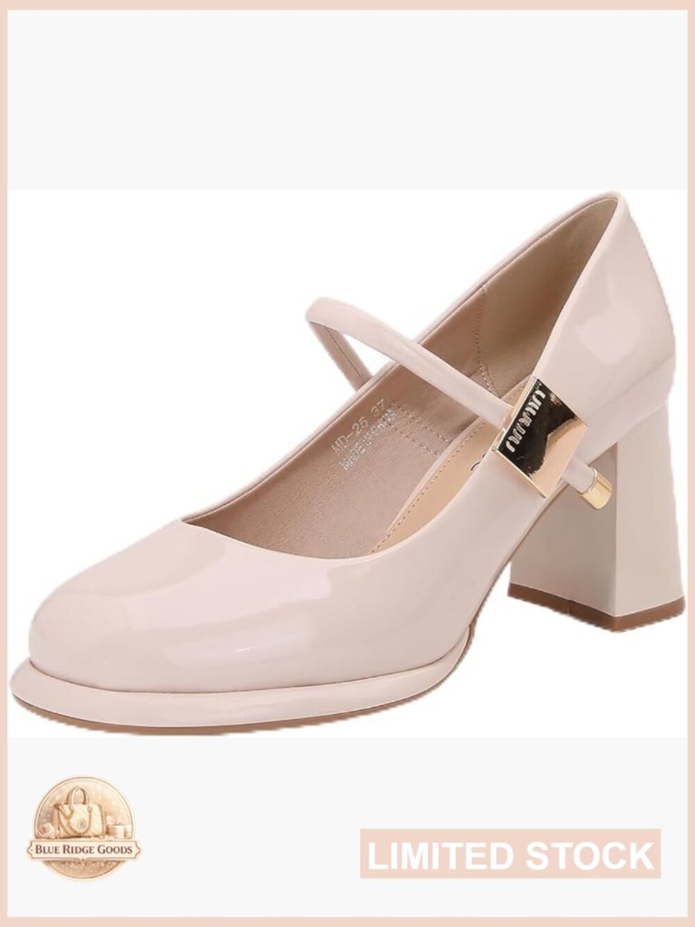 Patent Leather Block Heel Pumps, Mary Jane Heels with Cushioned Insole & Gold